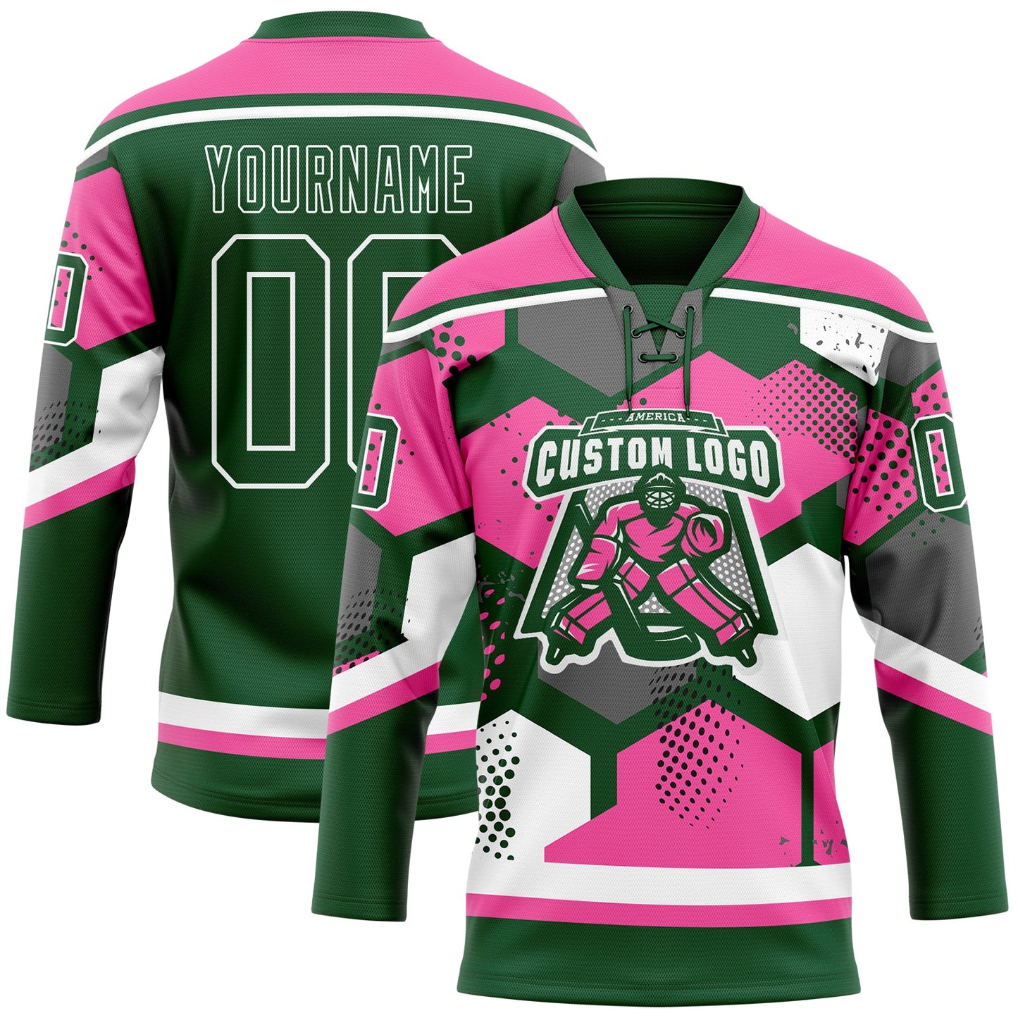 Custom Pink Green-White 3D Pattern Geometric Shape Hockey Lace Neck Jersey view 2