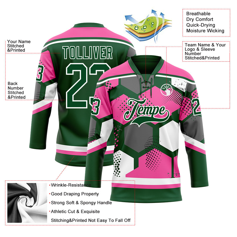 Custom Pink Green-White 3D Pattern Geometric Shape Hockey Lace Neck Jersey view 5