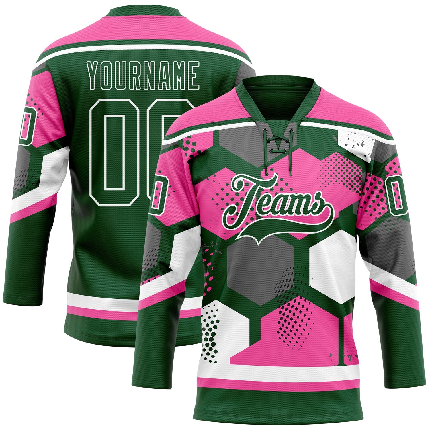 Custom Pink Green-White 3D Pattern Geometric Shape Hockey Lace Neck Jersey - Main View