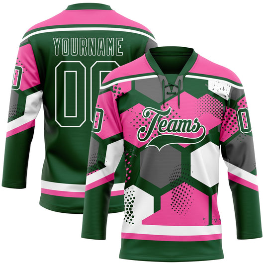 Custom Pink Green-White 3D Pattern Geometric Shape Hockey Lace Neck Jersey - Main View