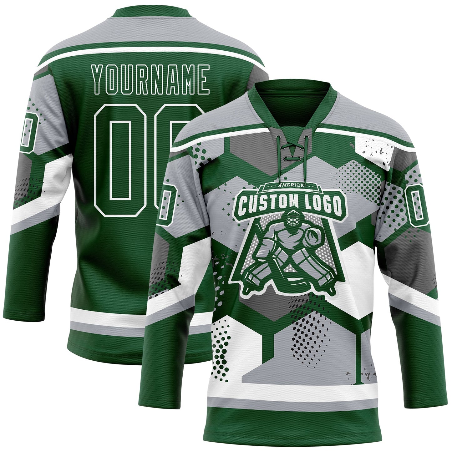Custom Gray Green-White 3D Pattern Geometric Shape Hockey Lace Neck Jersey view 2