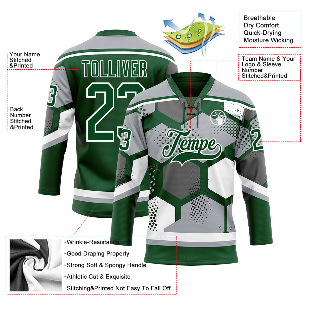 Custom Gray Green-White 3D Pattern Geometric Shape Hockey Lace Neck Jersey view 5