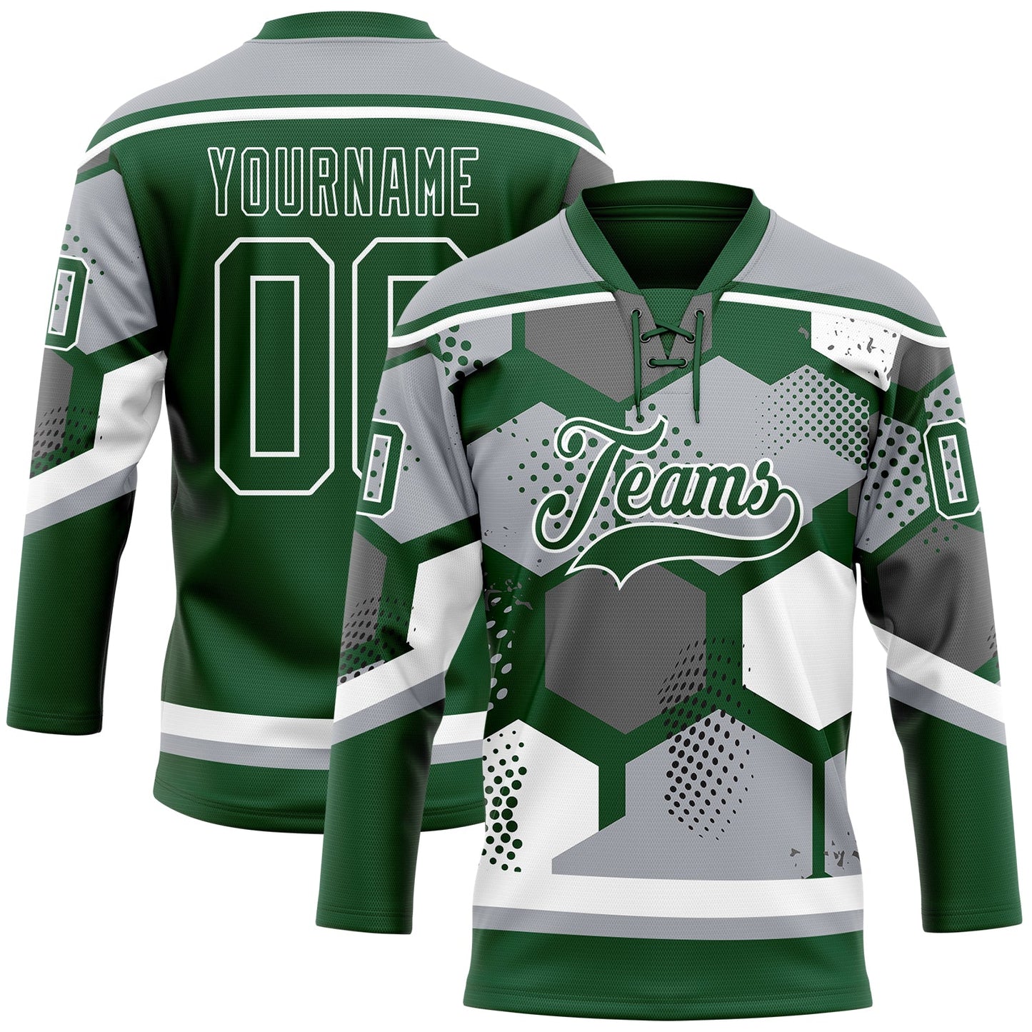 Custom Gray Green-White 3D Pattern Geometric Shape Hockey Lace Neck Jersey - Main View