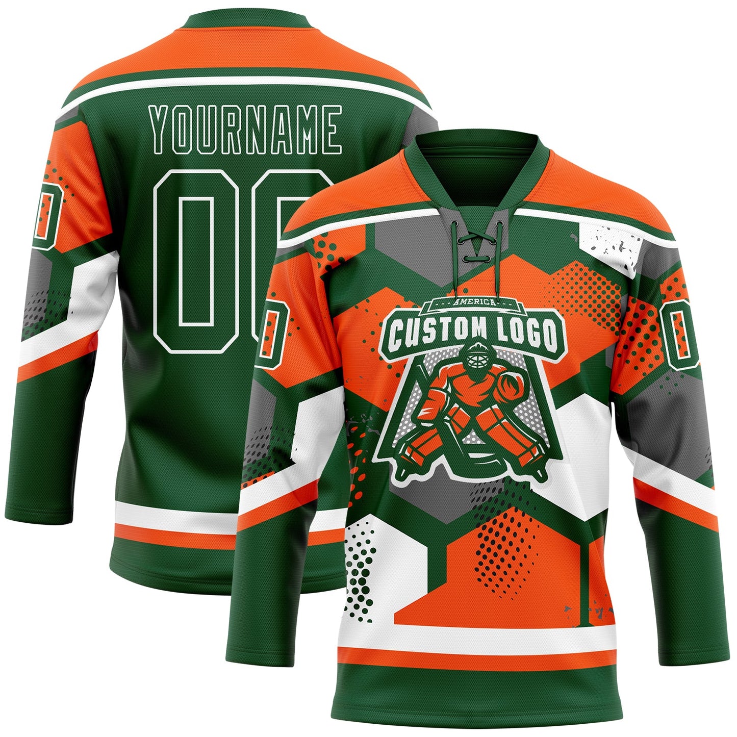Custom Orange Green-White 3D Pattern Geometric Shape Hockey Lace Neck Jersey view 2