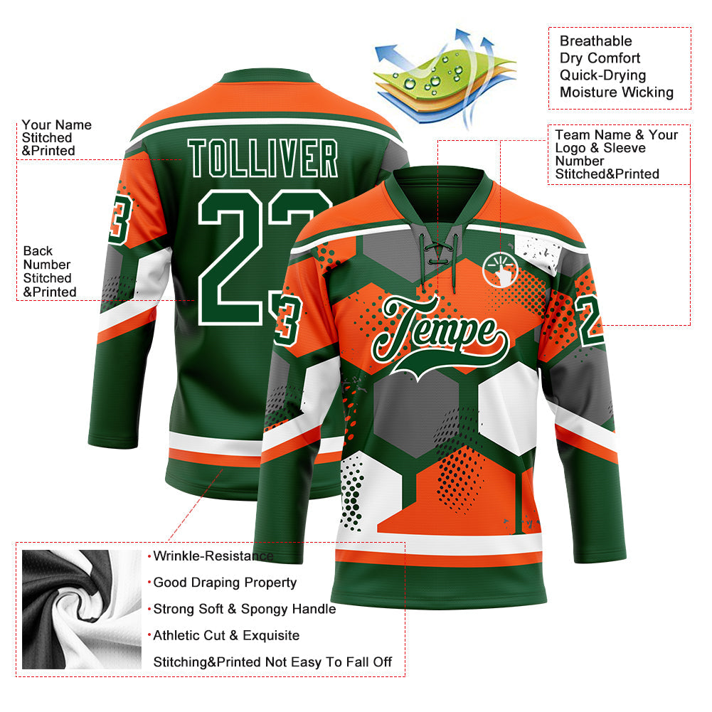 Custom Orange Green-White 3D Pattern Geometric Shape Hockey Lace Neck Jersey view 5