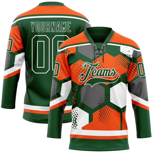 Custom Orange Green-White 3D Pattern Geometric Shape Hockey Lace Neck Jersey - Main View
