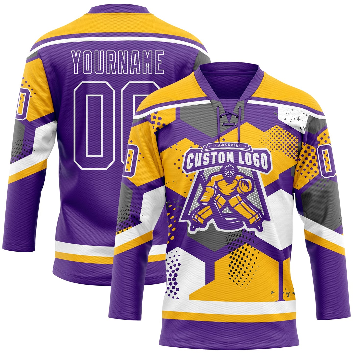 Custom Gold Purple-White 3D Pattern Geometric Shape Hockey Lace Neck Jersey view 2