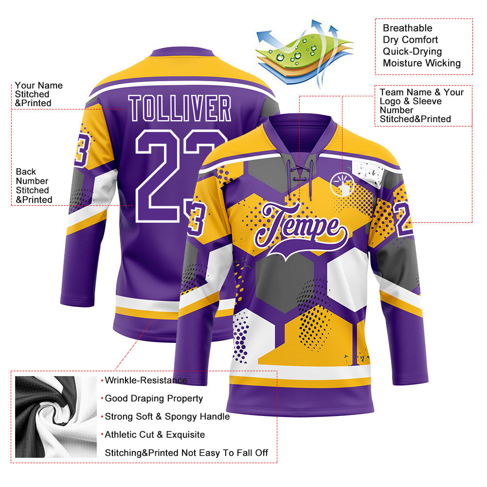 Custom Gold Purple-White 3D Pattern Geometric Shape Hockey Lace Neck Jersey view 5
