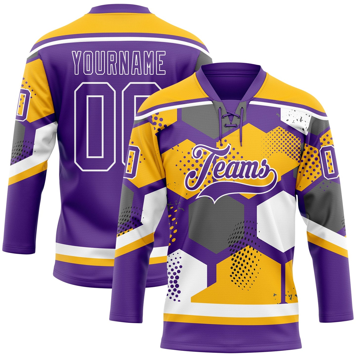 Custom Gold Purple-White 3D Pattern Geometric Shape Hockey Lace Neck Jersey - Main View