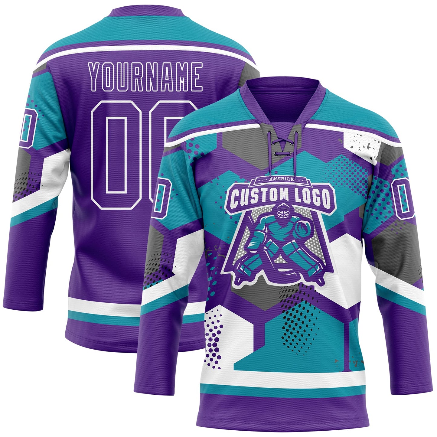 Custom Teal Purple-White 3D Pattern Geometric Shape Hockey Lace Neck Jersey view 2