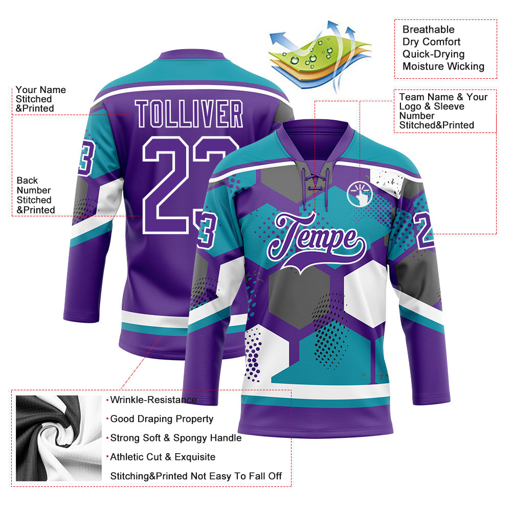 Custom Teal Purple-White 3D Pattern Geometric Shape Hockey Lace Neck Jersey view 5