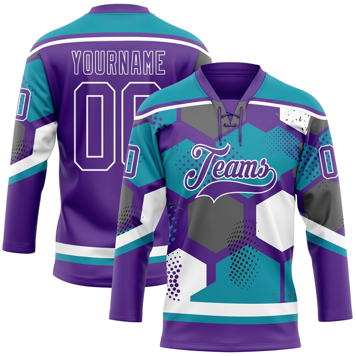 Custom Teal Purple-White 3D Pattern Geometric Shape Hockey Lace Neck Jersey - Main View