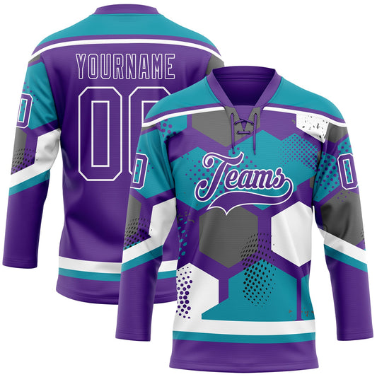Custom Teal Purple-White 3D Pattern Geometric Shape Hockey Lace Neck Jersey - Main View