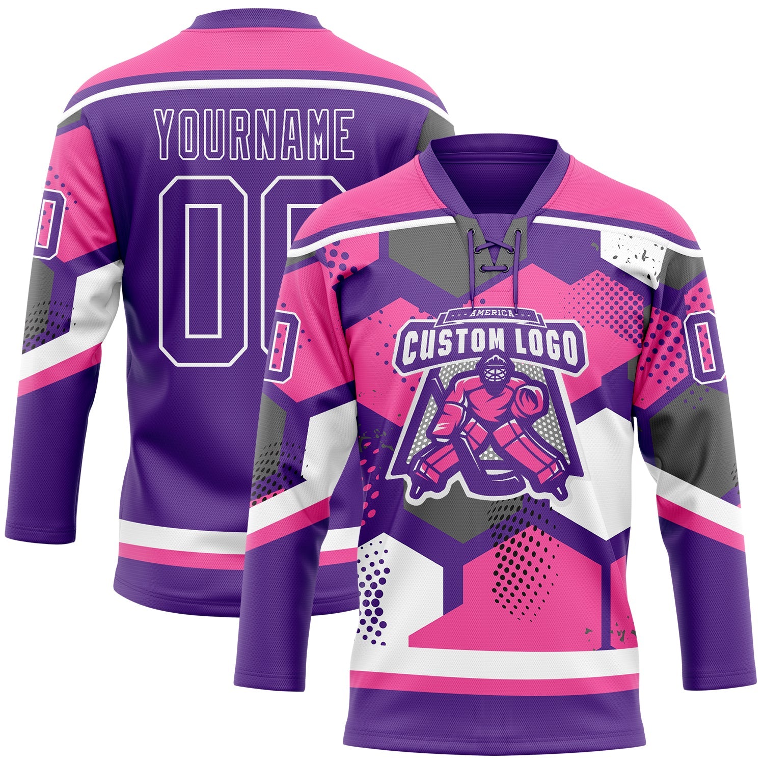 Custom Pink Purple-White 3D Pattern Geometric Shape Hockey Lace Neck Jersey view 2