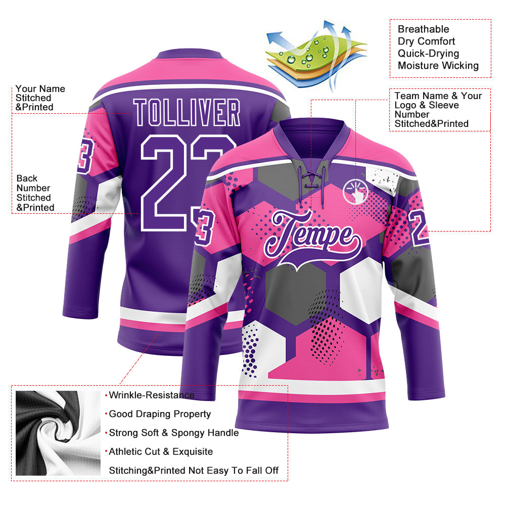 Custom Pink Purple-White 3D Pattern Geometric Shape Hockey Lace Neck Jersey view 5