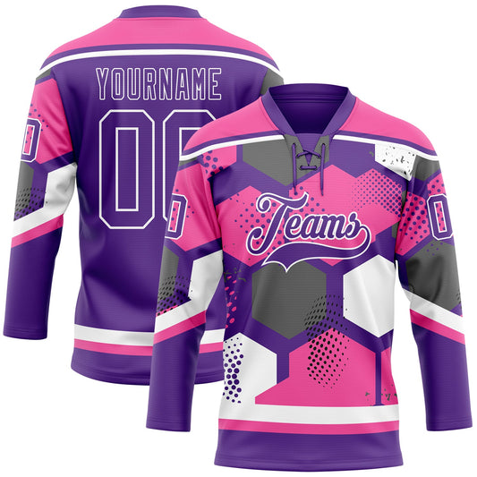 Custom Pink Purple-White 3D Pattern Geometric Shape Hockey Lace Neck Jersey - Main View