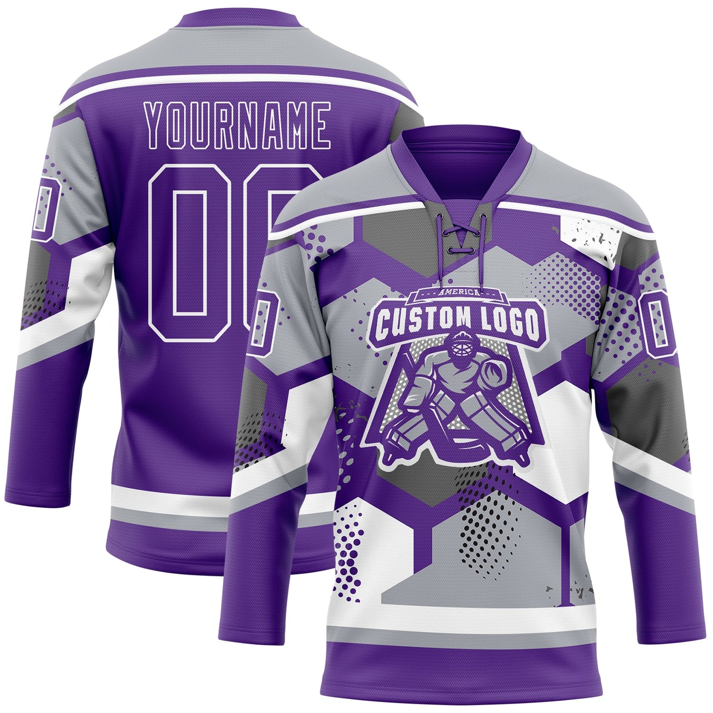 Custom Gray Purple-White 3D Pattern Geometric Shape Hockey Lace Neck Jersey view 2