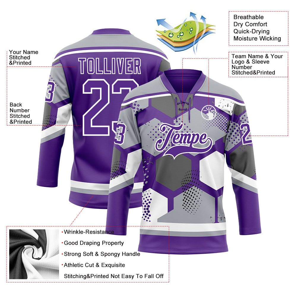 Custom Gray Purple-White 3D Pattern Geometric Shape Hockey Lace Neck Jersey view 5