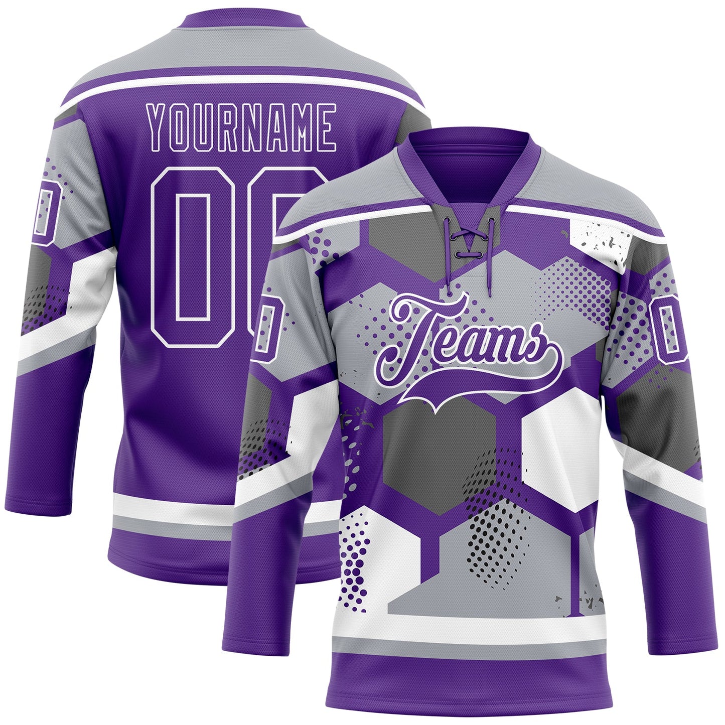 Custom Gray Purple-White 3D Pattern Geometric Shape Hockey Lace Neck Jersey - Main View