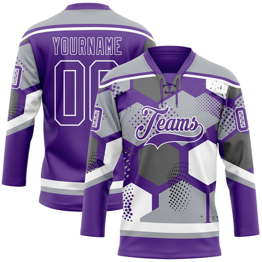 Custom Gray Purple-White 3D Pattern Geometric Shape Hockey Lace Neck Jersey - Main View