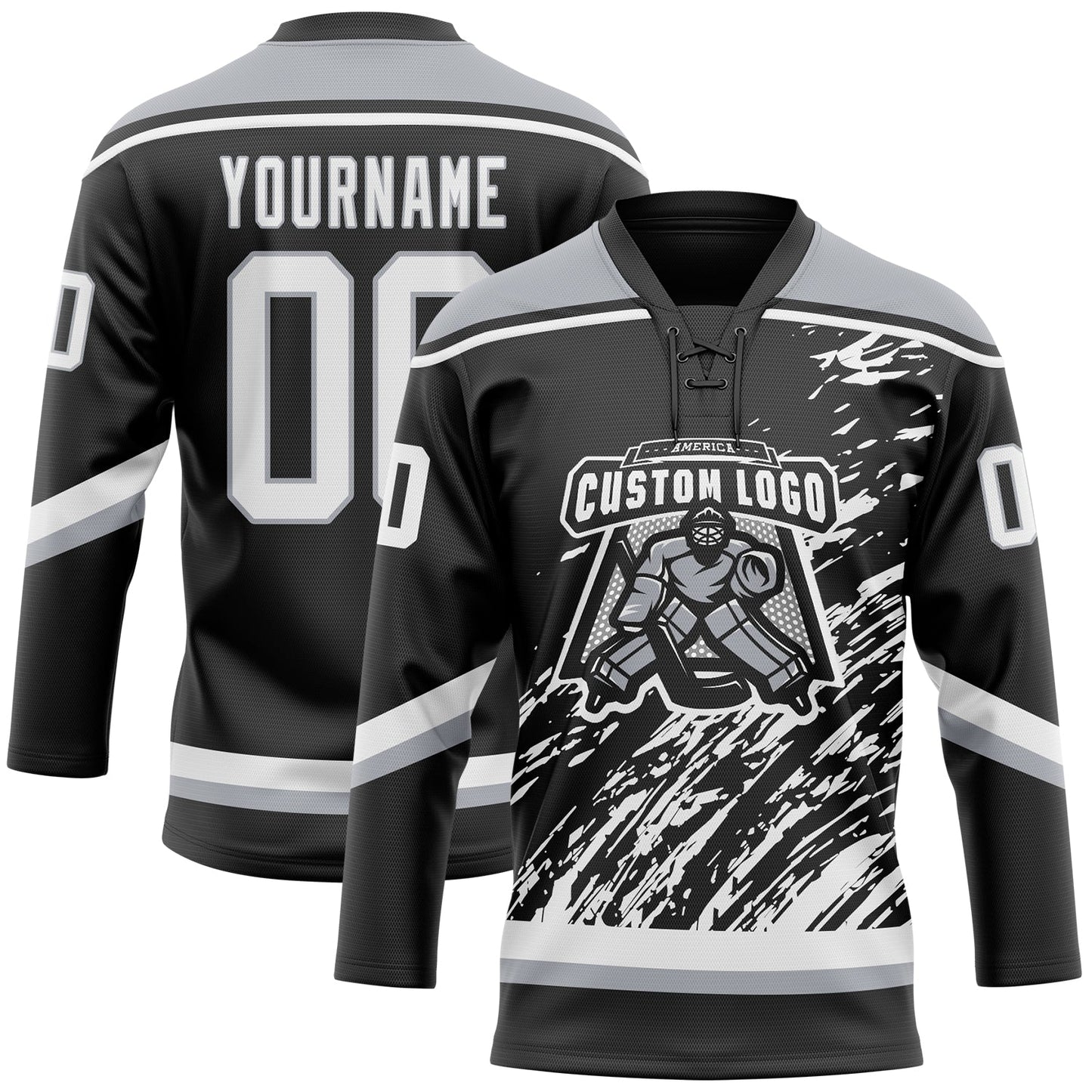 Custom Black White-Gray 3D Splash Art Hockey Lace Neck Jersey view 2