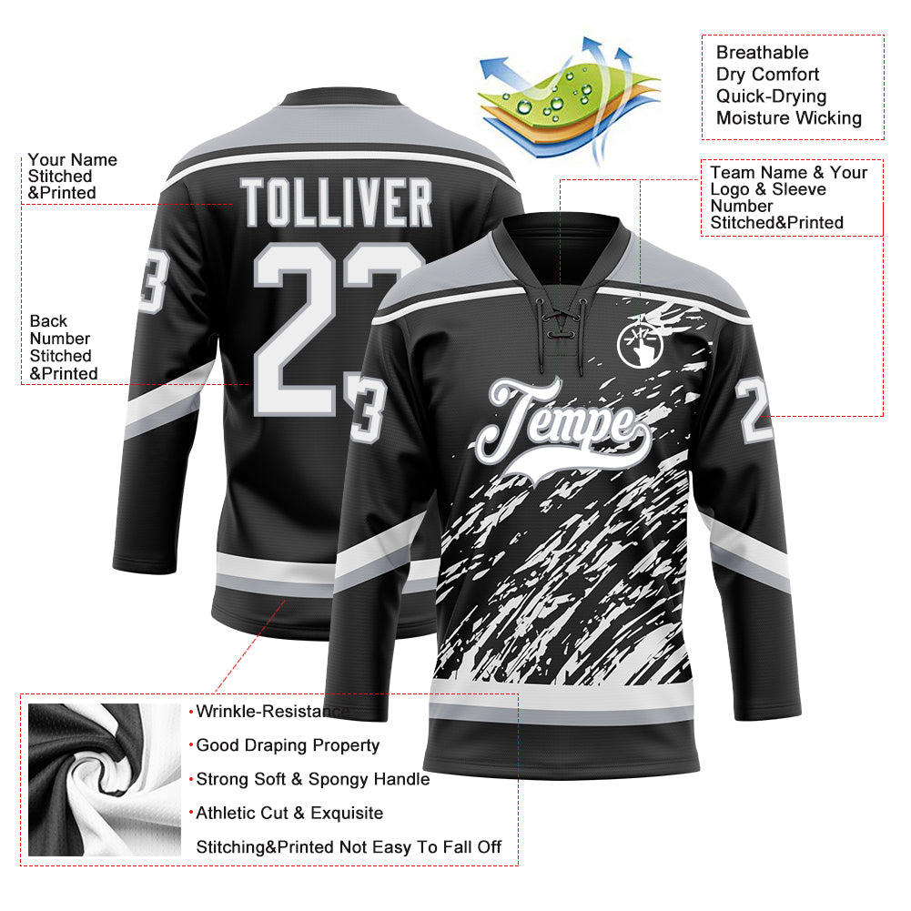 Custom Black White-Gray 3D Splash Art Hockey Lace Neck Jersey view 5