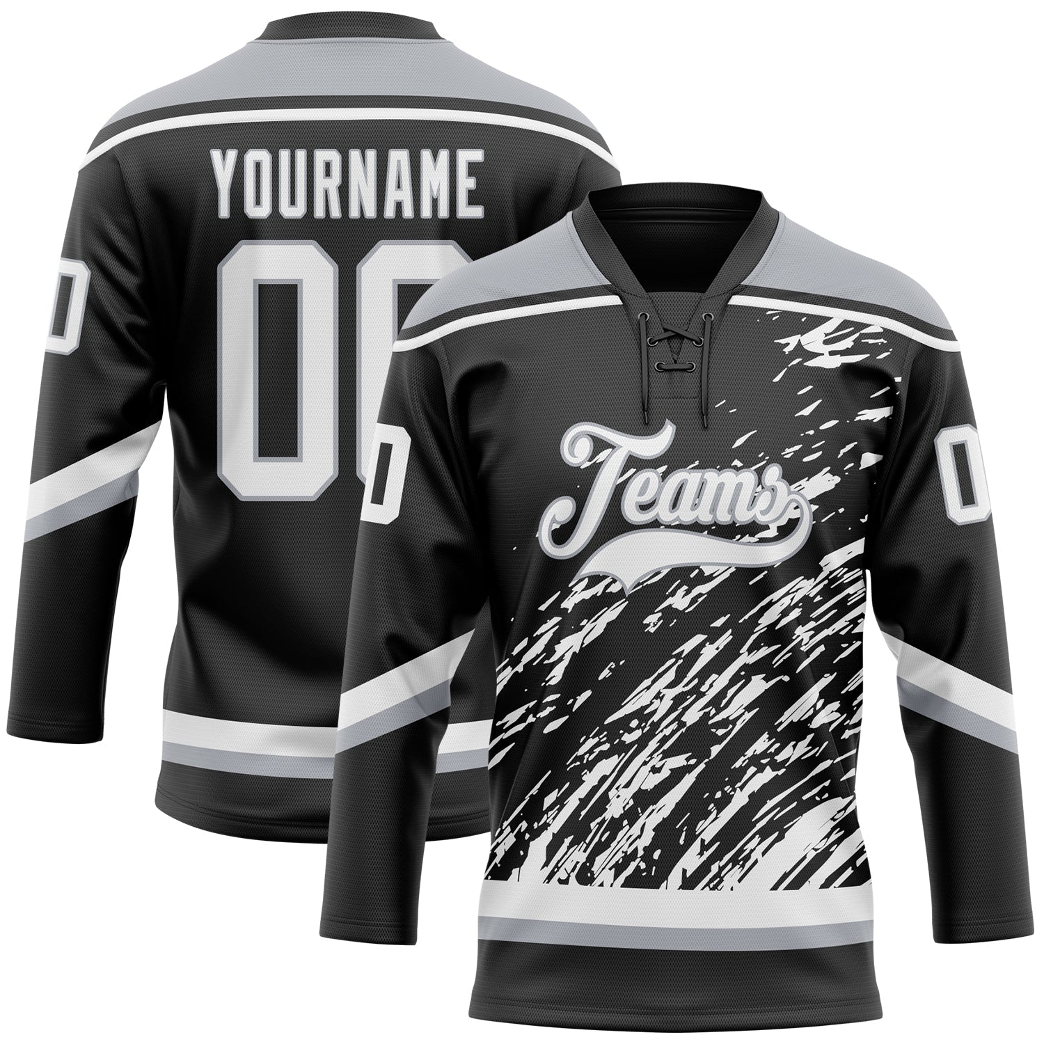 Custom Black White-Gray 3D Splash Art Hockey Lace Neck Jersey - Main View