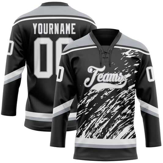 Custom Black White-Gray 3D Splash Art Hockey Lace Neck Jersey - Main View