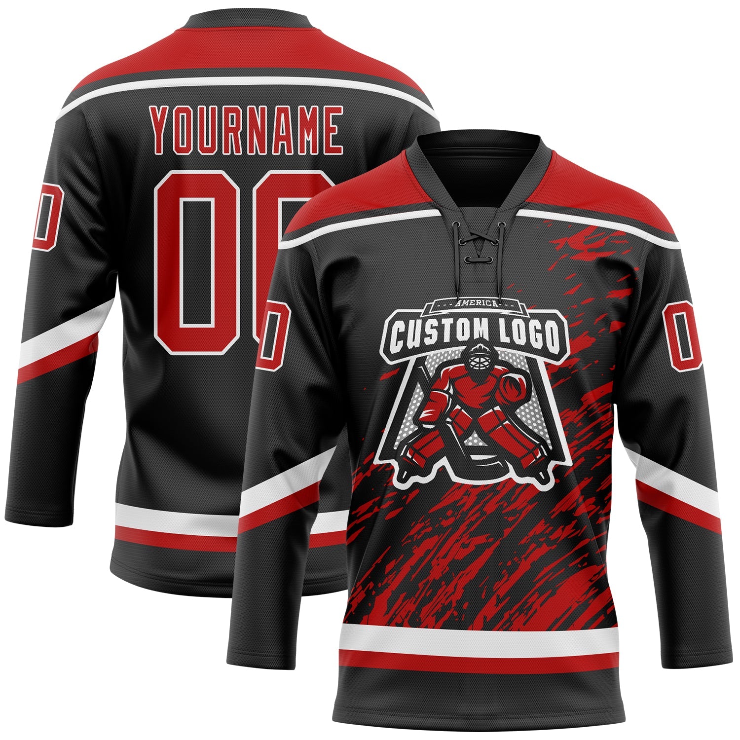 Custom Black Red-White 3D Splash Art Hockey Lace Neck Jersey view 2