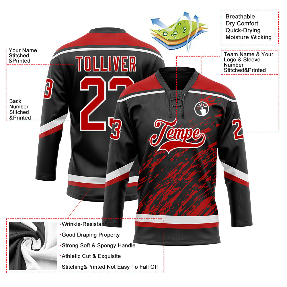 Custom Black Red-White 3D Splash Art Hockey Lace Neck Jersey view 5