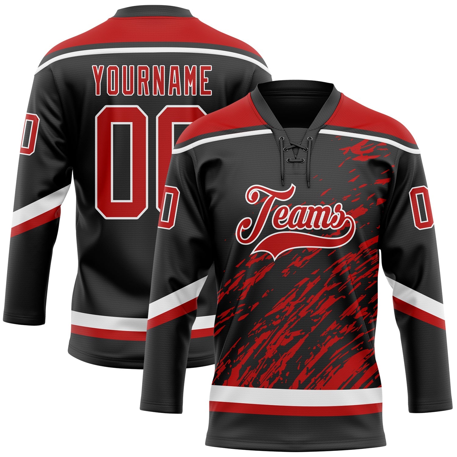 Custom Black Red-White 3D Splash Art Hockey Lace Neck Jersey - Main View