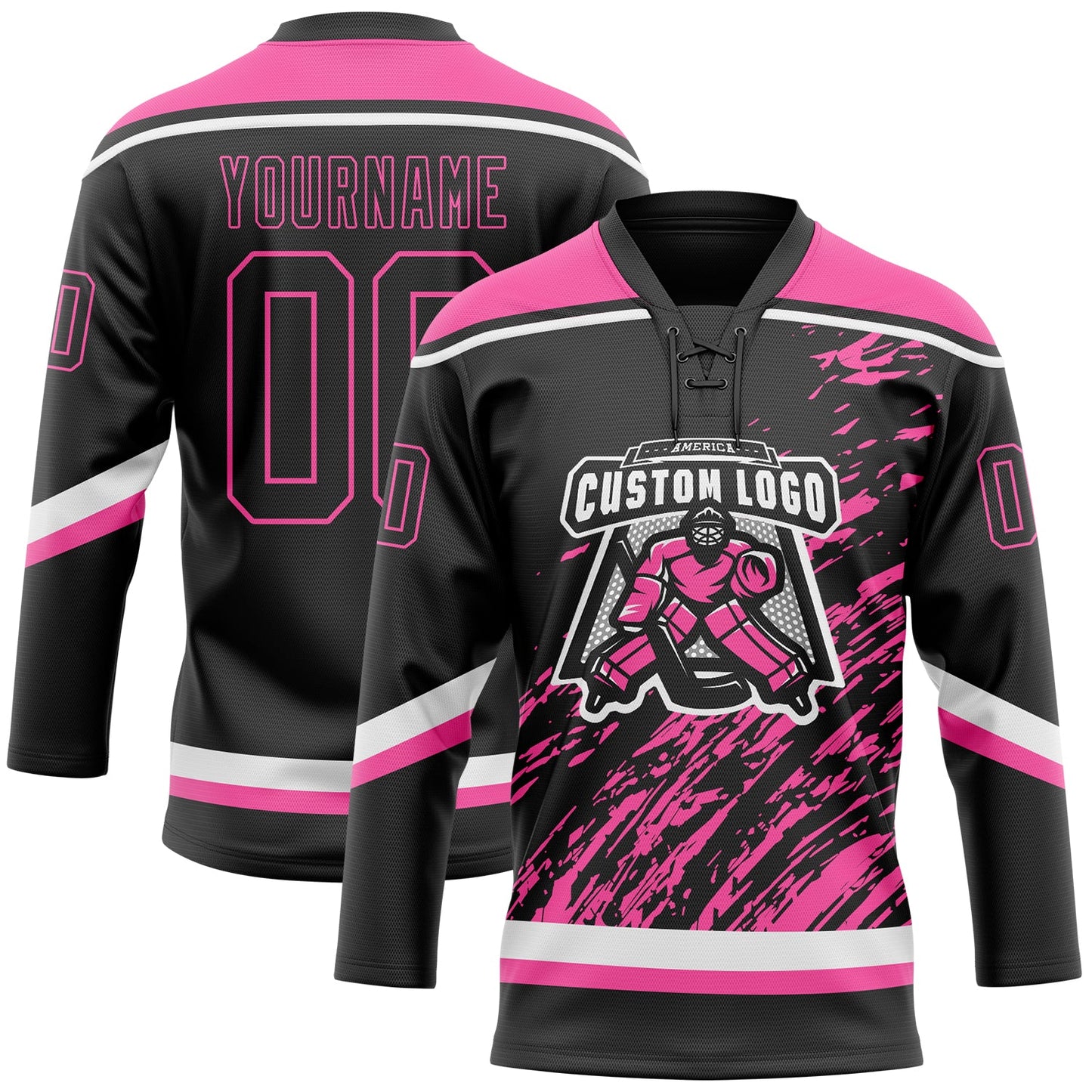 Custom Black Pink-White 3D Splash Art Hockey Lace Neck Jersey view 2