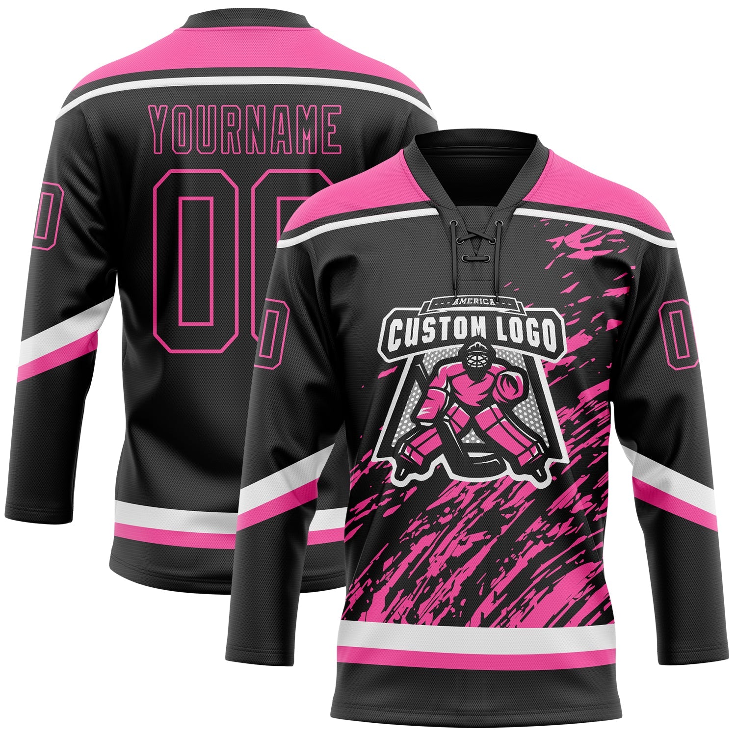 Custom Black Pink-White 3D Splash Art Hockey Lace Neck Jersey view 2