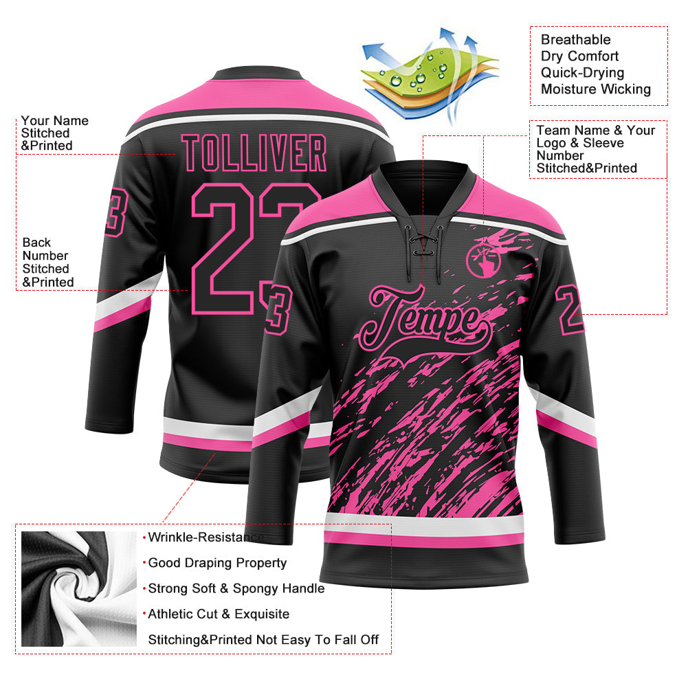 Custom Black Pink-White 3D Splash Art Hockey Lace Neck Jersey view 5