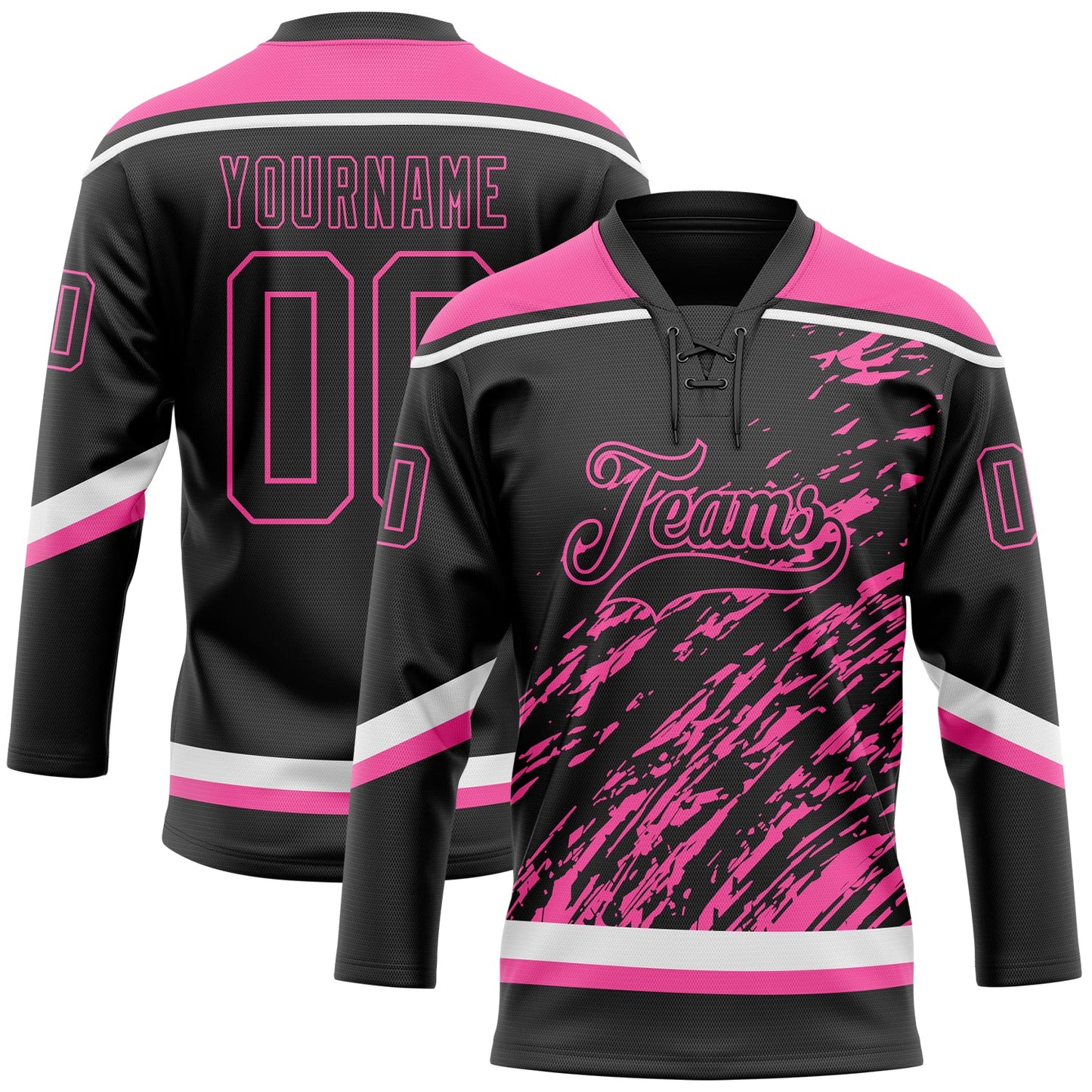 Custom Black Pink-White 3D Splash Art Hockey Lace Neck Jersey - Main View