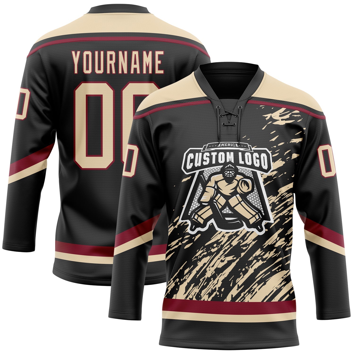 Custom Black City Cream-Crimson 3D Splash Art Hockey Lace Neck Jersey view 2