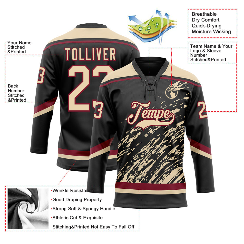 Custom Black City Cream-Crimson 3D Splash Art Hockey Lace Neck Jersey view 5