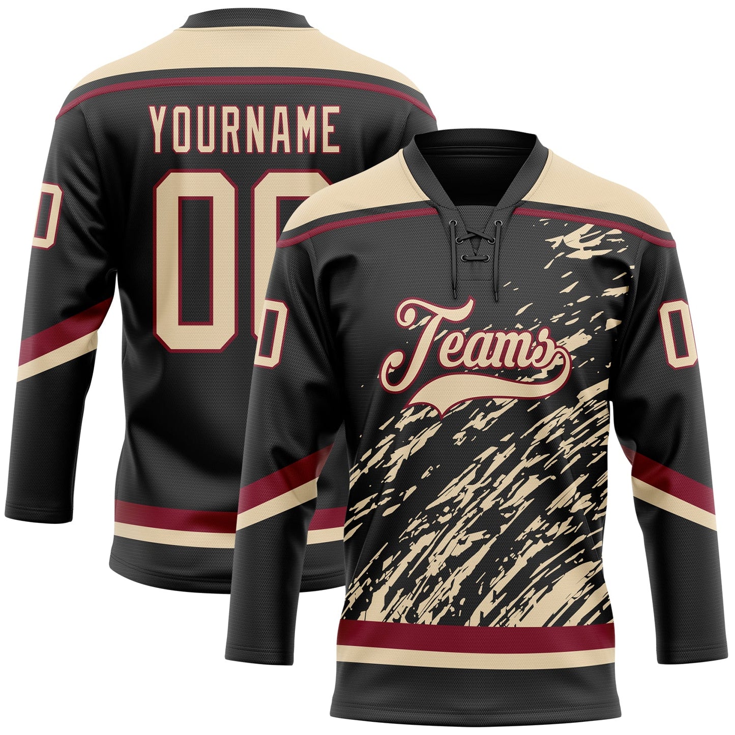 Custom Black City Cream-Crimson 3D Splash Art Hockey Lace Neck Jersey - Main View
