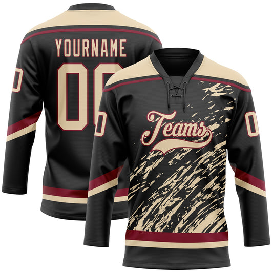 Custom Black City Cream-Crimson 3D Splash Art Hockey Lace Neck Jersey - Main View