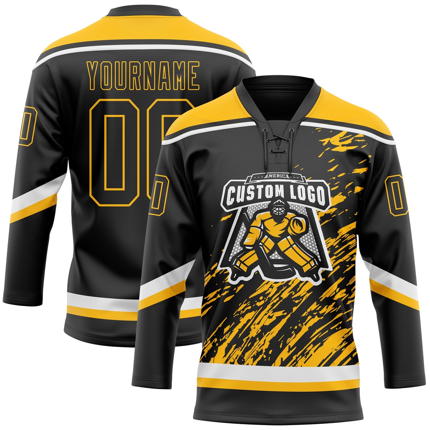 Custom Black Gold-White 3D Splash Art Hockey Lace Neck Jersey view 2