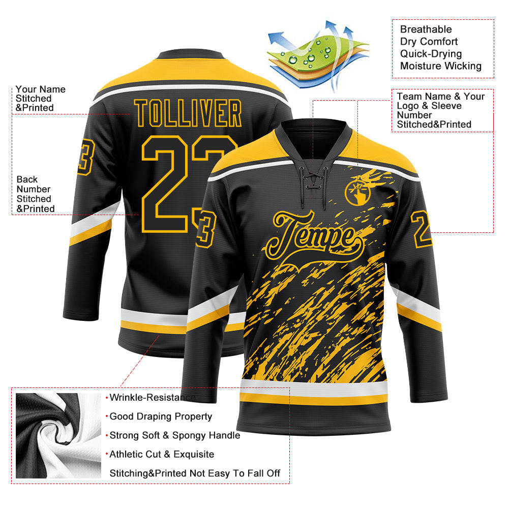 Custom Black Gold-White 3D Splash Art Hockey Lace Neck Jersey view 5