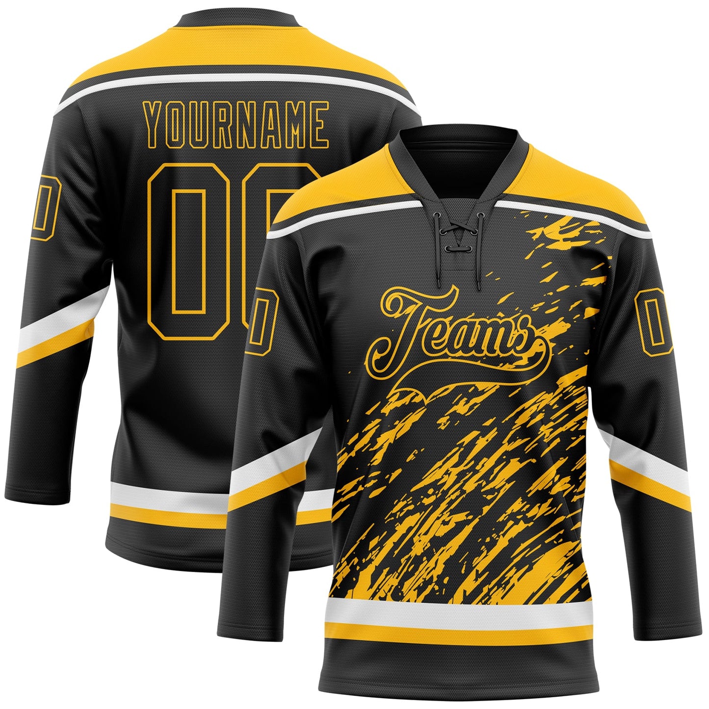 Custom Black Gold-White 3D Splash Art Hockey Lace Neck Jersey - Main View