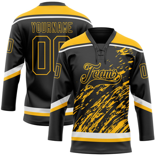 Custom Black Gold-White 3D Splash Art Hockey Lace Neck Jersey - Main View
