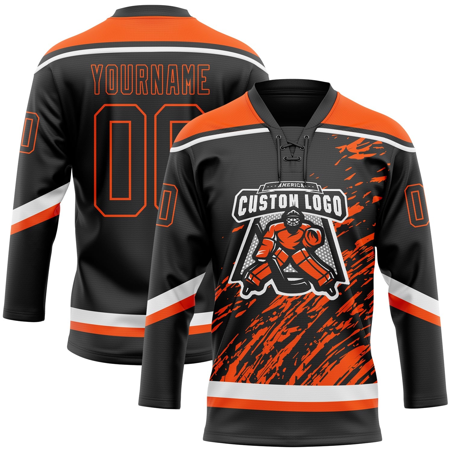 Custom Black Orange-White 3D Splash Art Hockey Lace Neck Jersey view 2