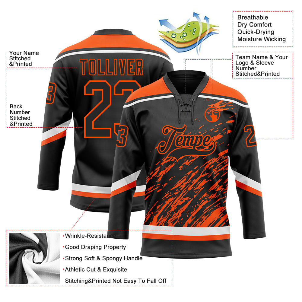 Custom Black Orange-White 3D Splash Art Hockey Lace Neck Jersey view 5