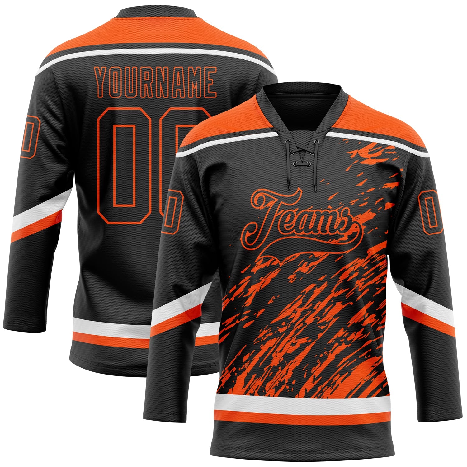 Custom Black Orange-White 3D Splash Art Hockey Lace Neck Jersey - Main View