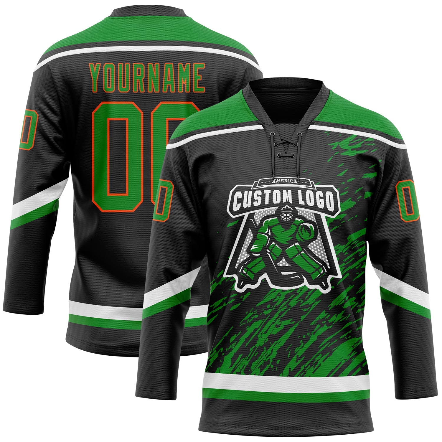 Custom Black Grass Green Orange-White 3D Splash Art Hockey Lace Neck Jersey view 2