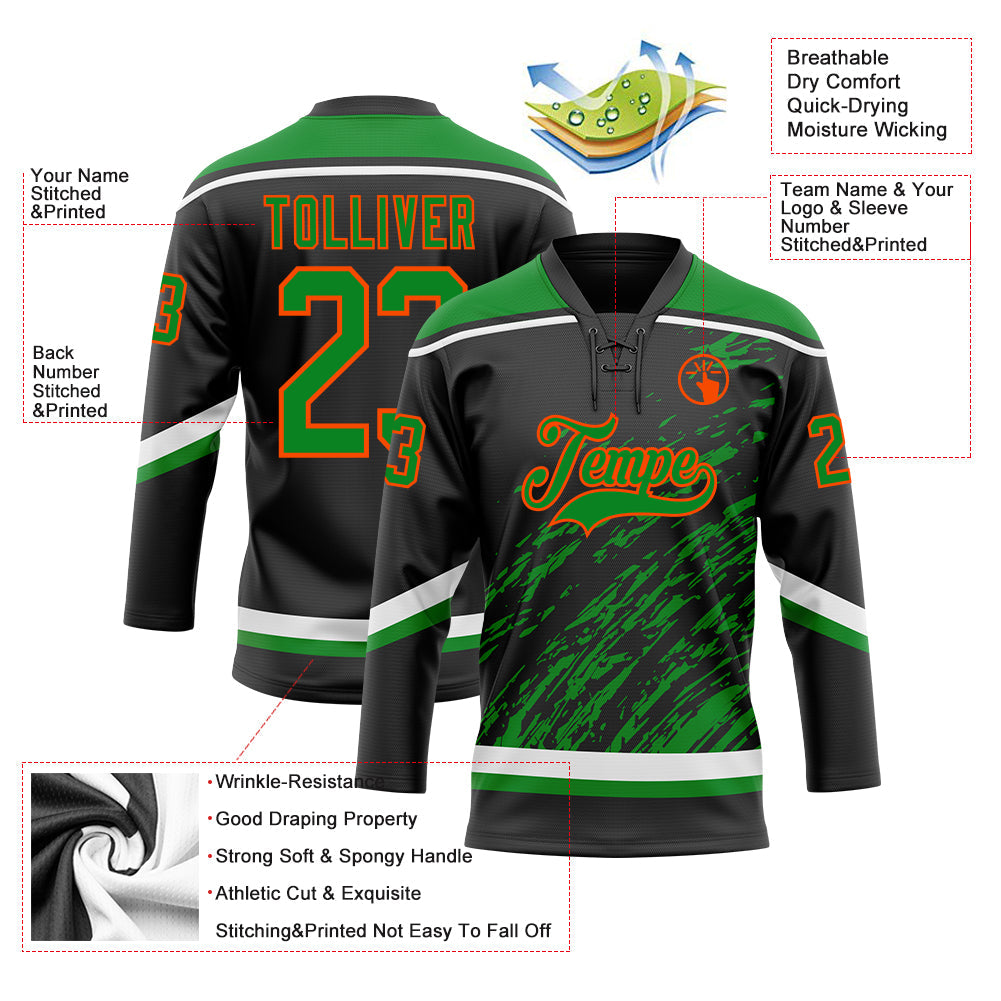 Custom Black Grass Green Orange-White 3D Splash Art Hockey Lace Neck Jersey view 5