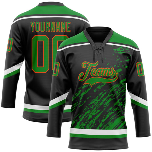 Custom Black Grass Green Orange-White 3D Splash Art Hockey Lace Neck Jersey - Main View