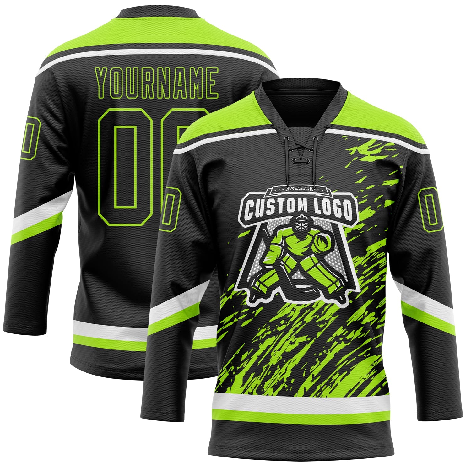 Custom Black Neon Green-White 3D Splash Art Hockey Lace Neck Jersey view 2